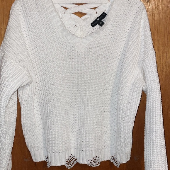 •DEREK HEART•NWOT WHITE DISTRESSED HEM KNIT V NECK CHUNKY SWEATER SIZE XL - Picture 5 of 8